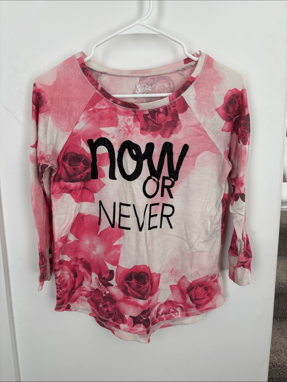 Justice Pink Floral "Now or Never" 3/4 Sleeve Tee